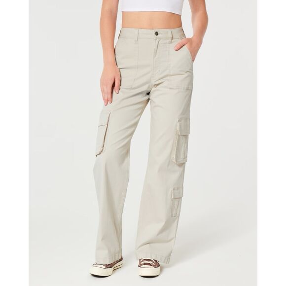264. Hollister ultra high rise baggy cream cargo pants size 4/27 - Picture 1 of 5